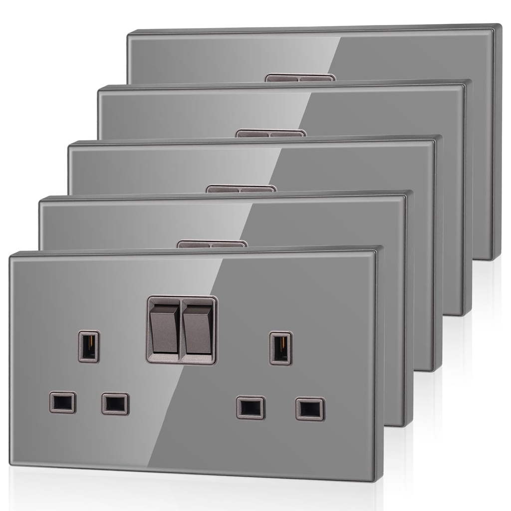 5 Pack CNBINGO Glass Double Switched Power Socket, Electric Power Sockets 2 Gang 13 Amp
