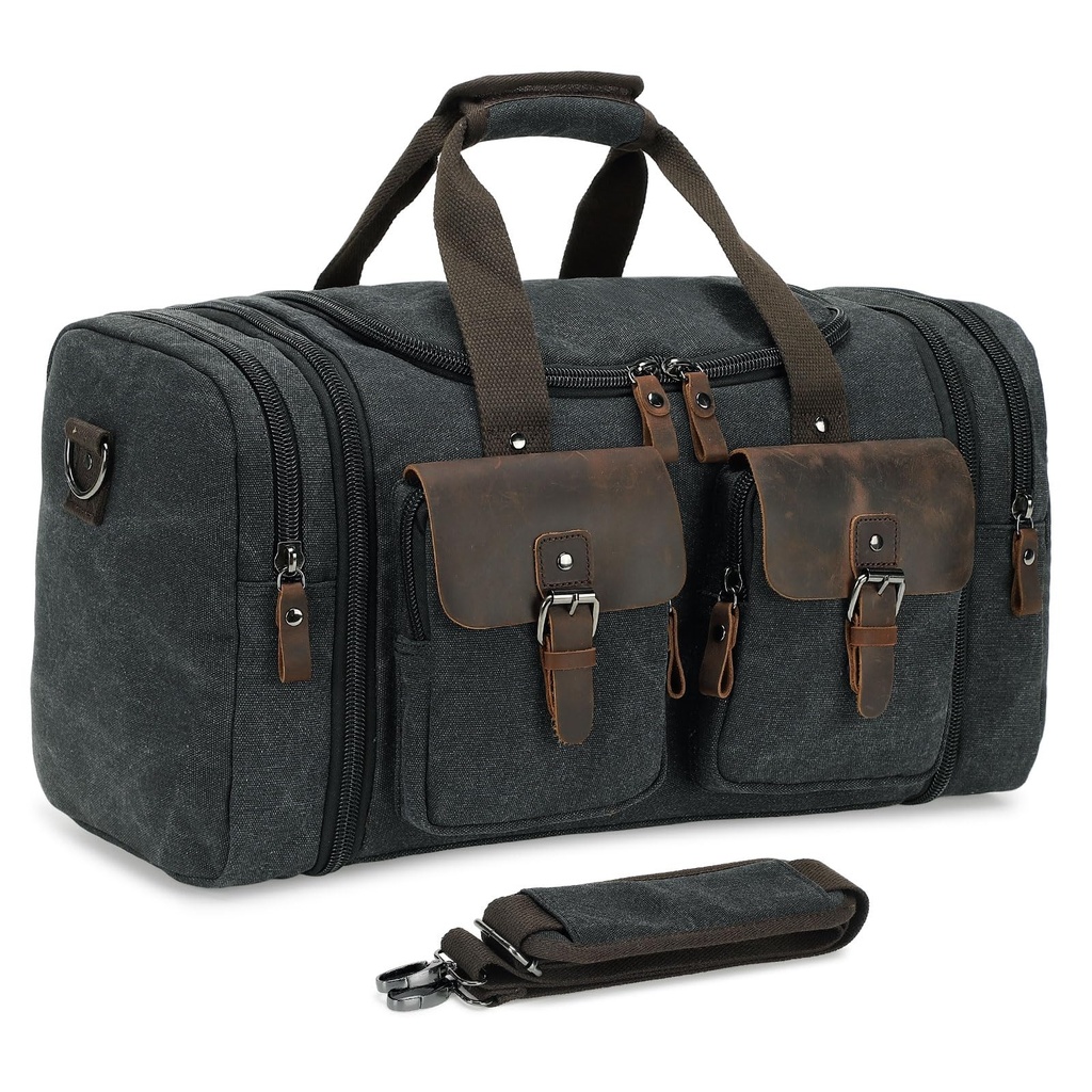 SUIKIHUM Canvas Duffle Bag with Genuine Leather Accents, Expandable 20-23 Inch Travel Weeke