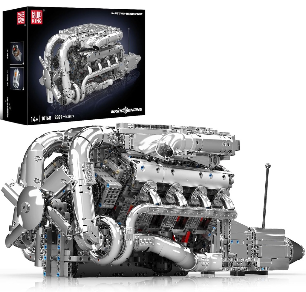 Mould King V8 Twin-Turbo Engine Model Kit That Runs, Mini Engines Building Blocks Set 