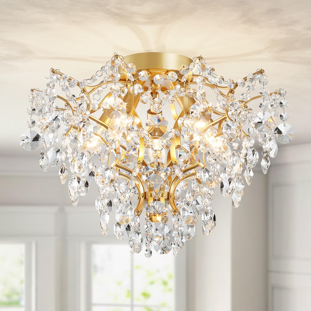 WUZUPS 5-Light Crystal Chandelier Flushmount Ceiling Light Modern Lighting Fixture for Bedroom
