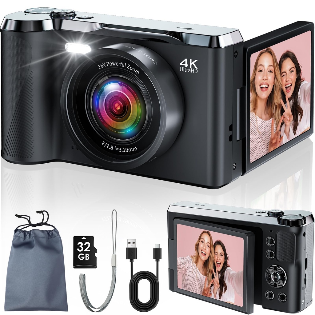 4K Digital Camera with 32G Memory Card, 3.0'' Digital Point and Shoot Camera with 16X Zoom