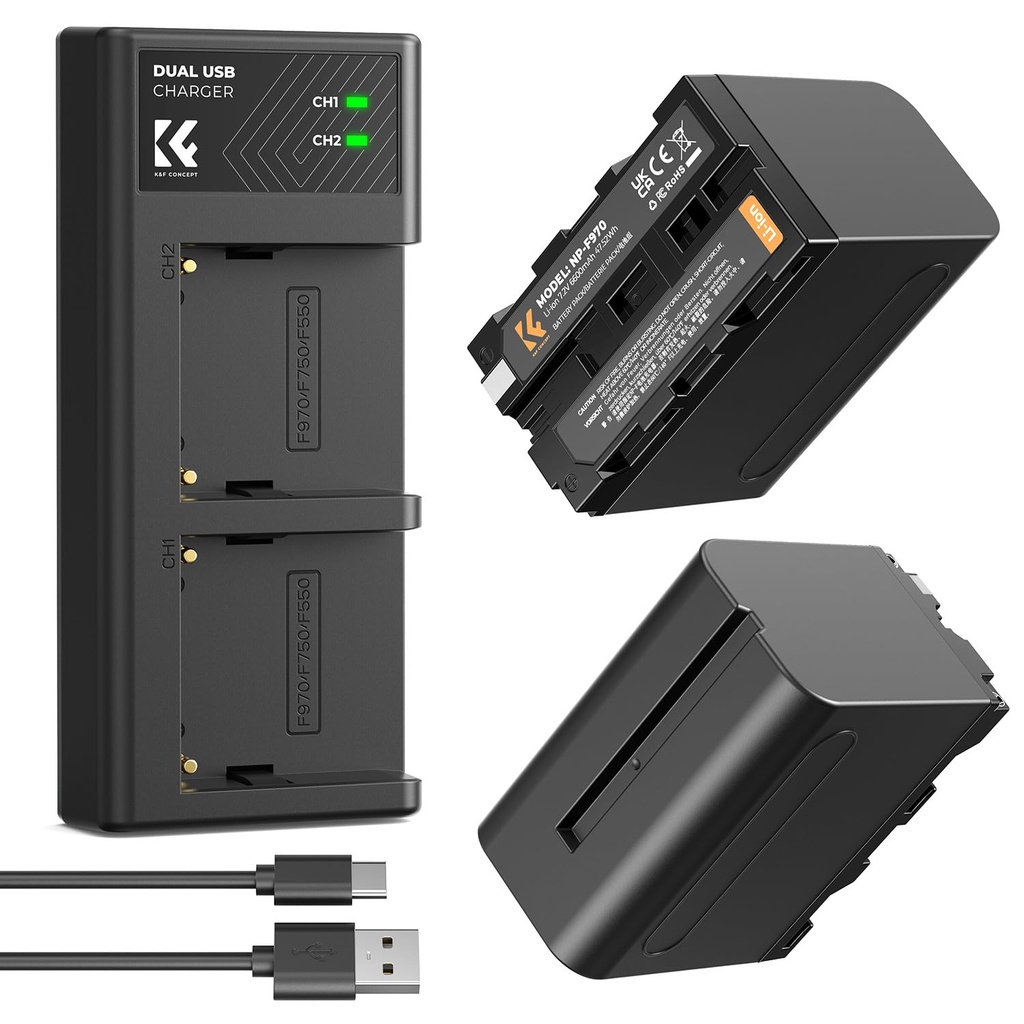 K&F CONCEPT 2 Pack NP-F970 Battery with LED Charger, Compatible with Sony NP-F550 F570 F750