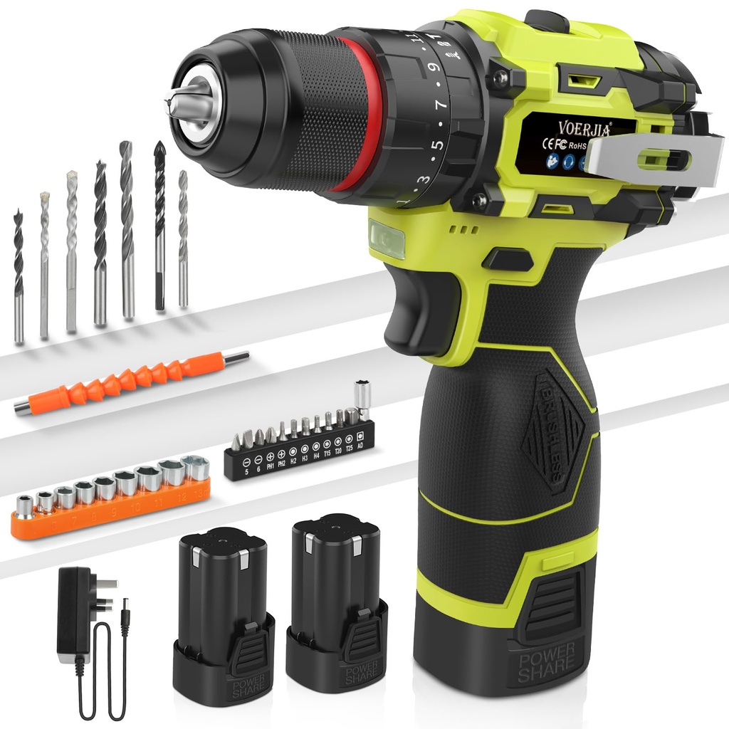 VOERJIA 16.8V Cordless Drills, Battery Drill with 2*2000mAh Batteries, 50N.m Max Hammer Drill