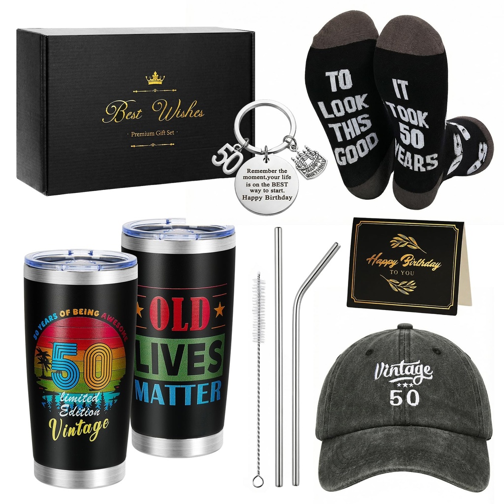 Rilcn 1965 Birthday Gifts for Men Ã¢Â€Â“ FatherÃ¢Â€Â™s Day Gift Set with Tumbler, Cap, Socks