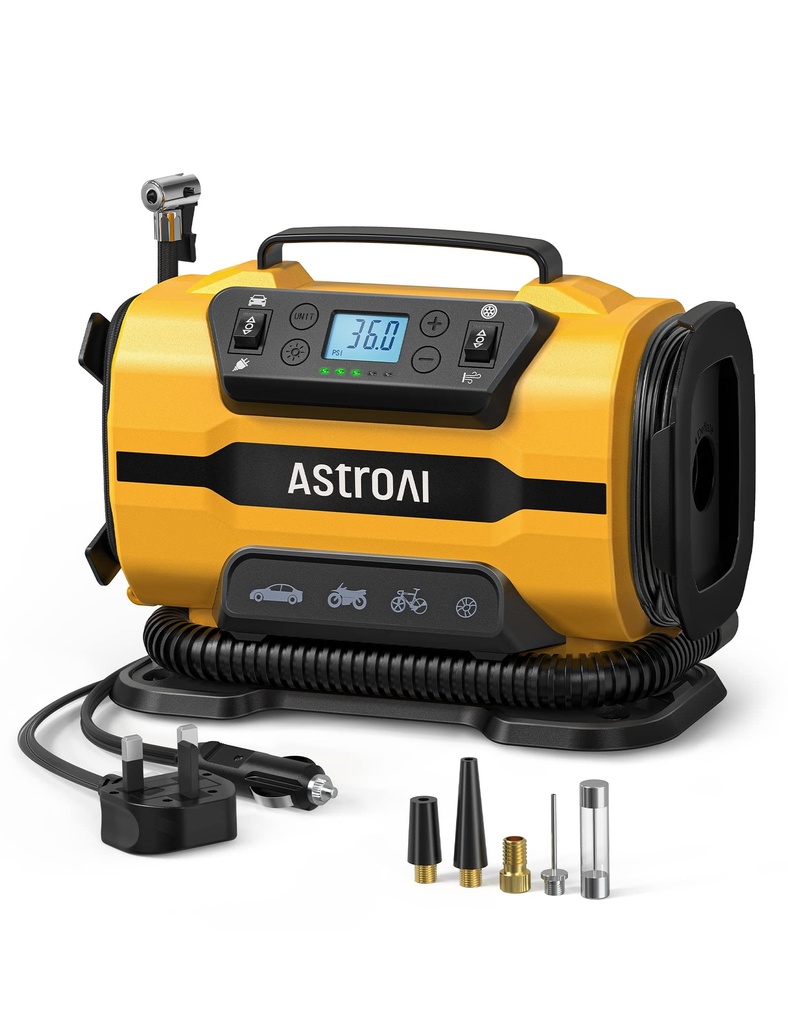 AstroAI Tyre Inflator Air Compressor Dual Power Supply 12V DC & 240V AC, Car Tyre Pump 