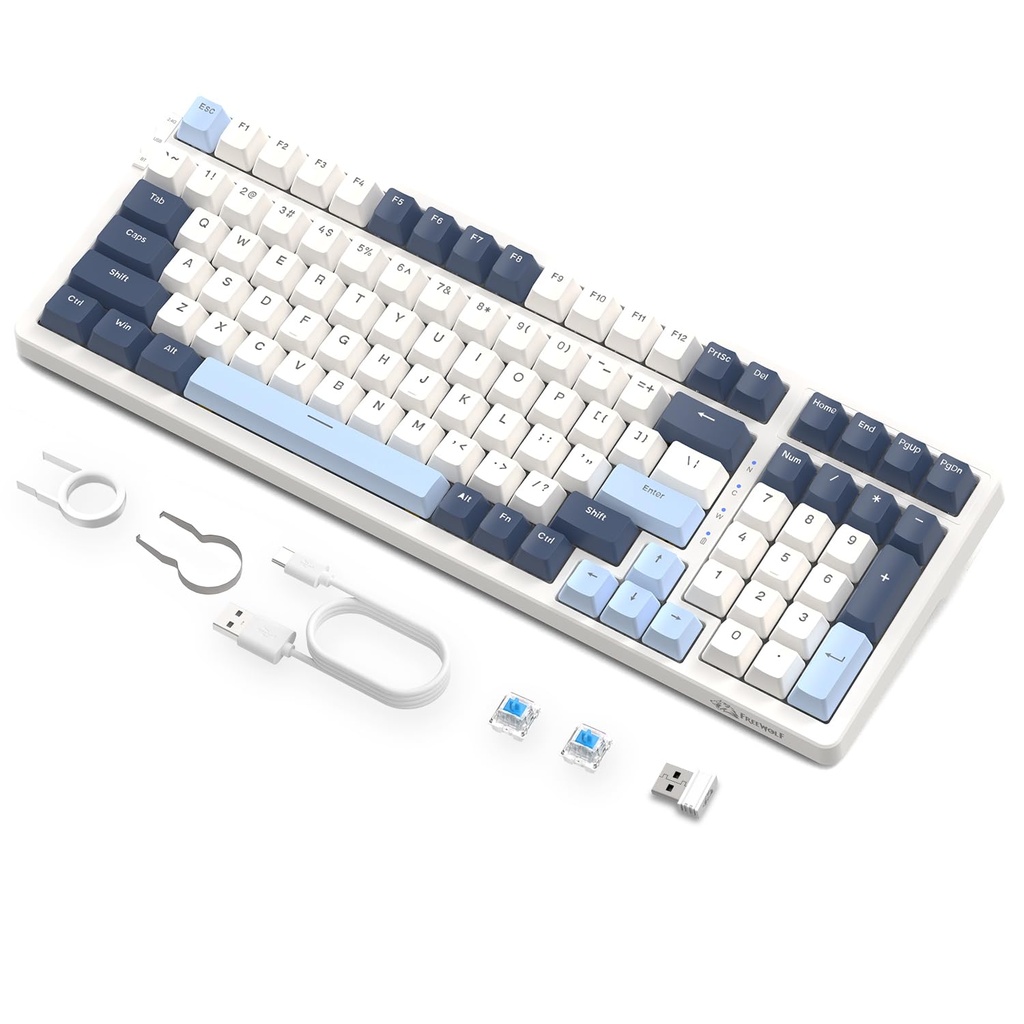 FREEWOLF K8 Wireless Hot Swap Mechanical Gaming Keyboard, Wired RGB Rainbow Backlit Keyboard