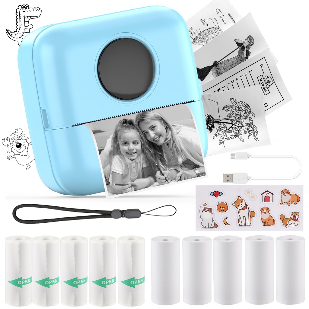 HuiJuKeJi Mini Printer, Portable Printer with Sticker and 10 Rolls of Thermal Paper and Sel