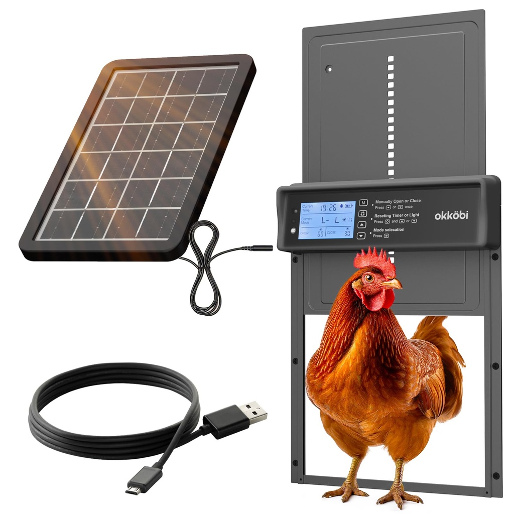 Okkobi Automatic Chicken Coop Door Solar Powered - LCD Display - Chicken Coop Door with Remote