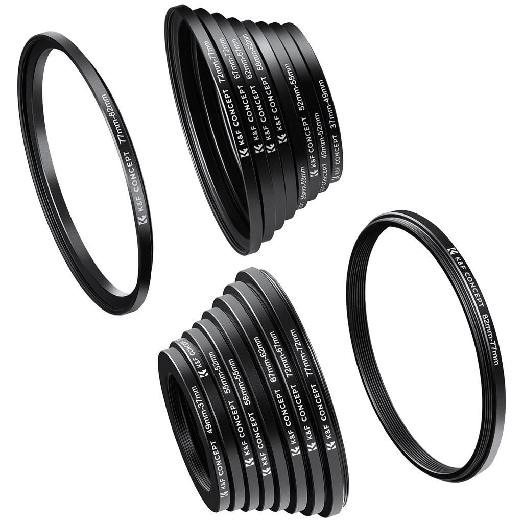 K&F CONCEPT 18PCS Lens Filter Stepping UP and Down Adapter Set 37 49 52 55 58 62 67 72 77 82