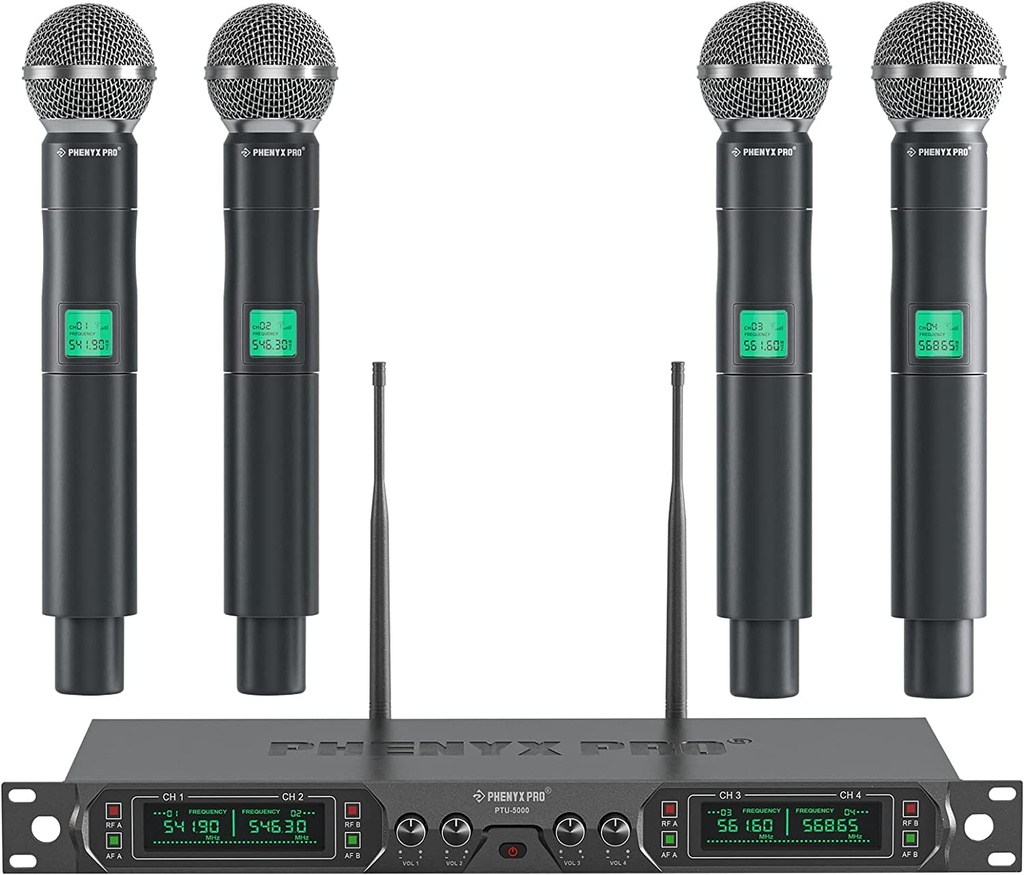 Phenyx Pro Wireless Microphone System, 4-Channel UHF Wireless Mic, Fixed Frequency Metal Co