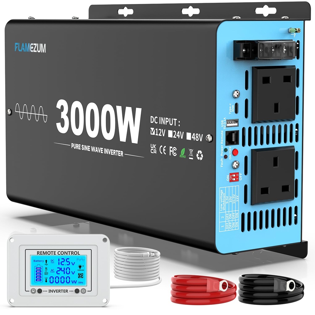 FLAMEZUM 3000w Pure Sine Wave Power Inverter DC 12V to AC 240V Voltage Converter with 2 AC