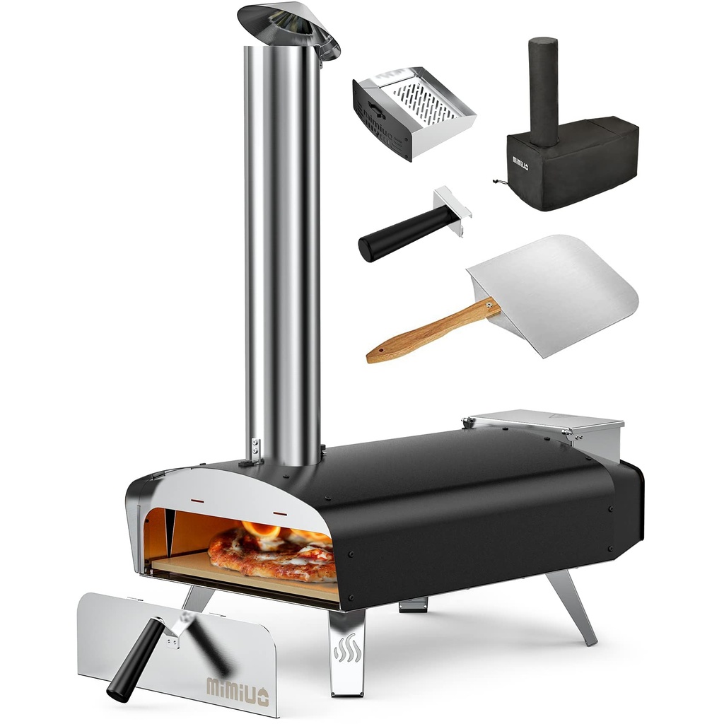 Mimiuo Outdoor Wood & Pellet Fired Pizza Oven for Garden, Black Coated Classic W-Oven Serie