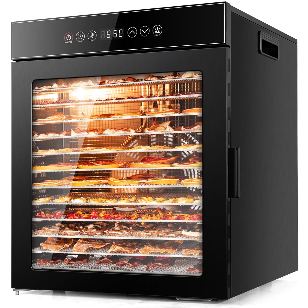 Kwasyo 12 Trays Stainless Steel Food Dehydrator all in Black, Food Dryer UK with 30-90Ã‚Â°C