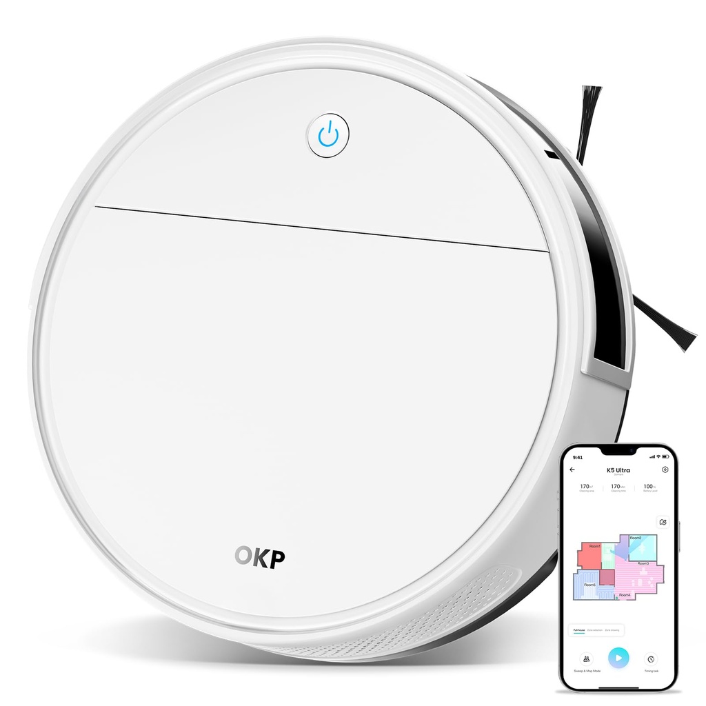 OKP Robot Vacuum Cleaner with Mop, 6000Pa, 170min Runtime, 190Ã‚Â° PSD Precise Obstacle Avoi