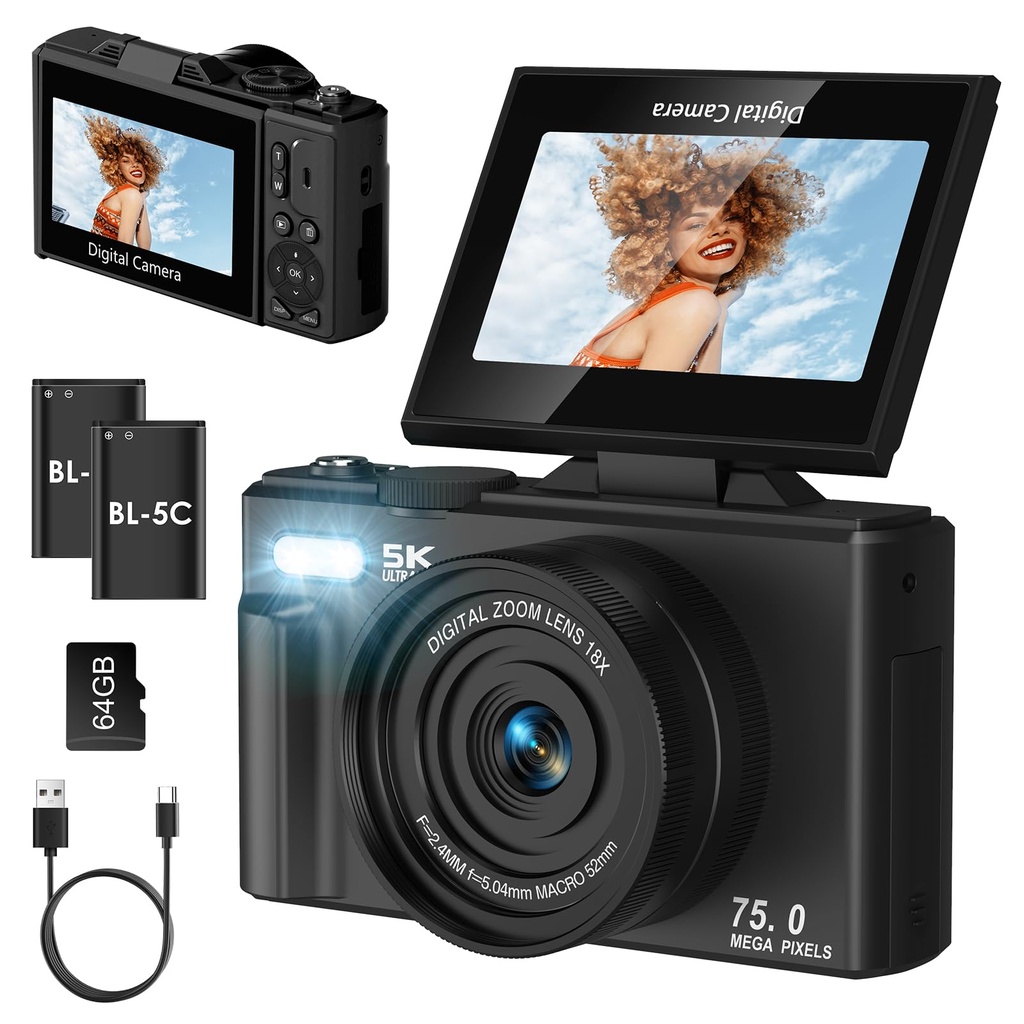 SOPPY 5K 75MP Digital Camera with WiFi Transfer, 18X Zoom, 3" Flip Screen & Auto Focus - Com