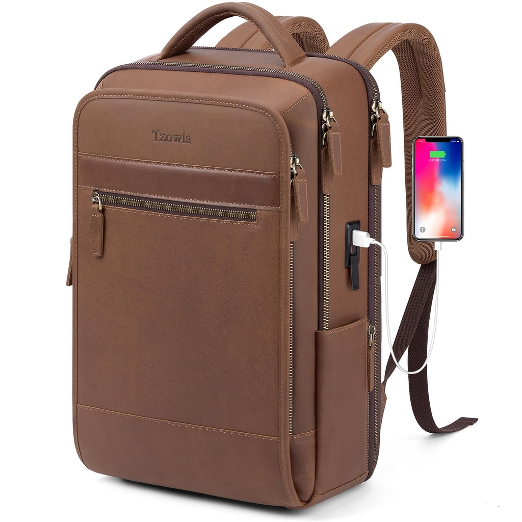 Tzowla Leather Laptop Backpack Bags Mens and Women,Genuine Leather Vintage Backpacks with U