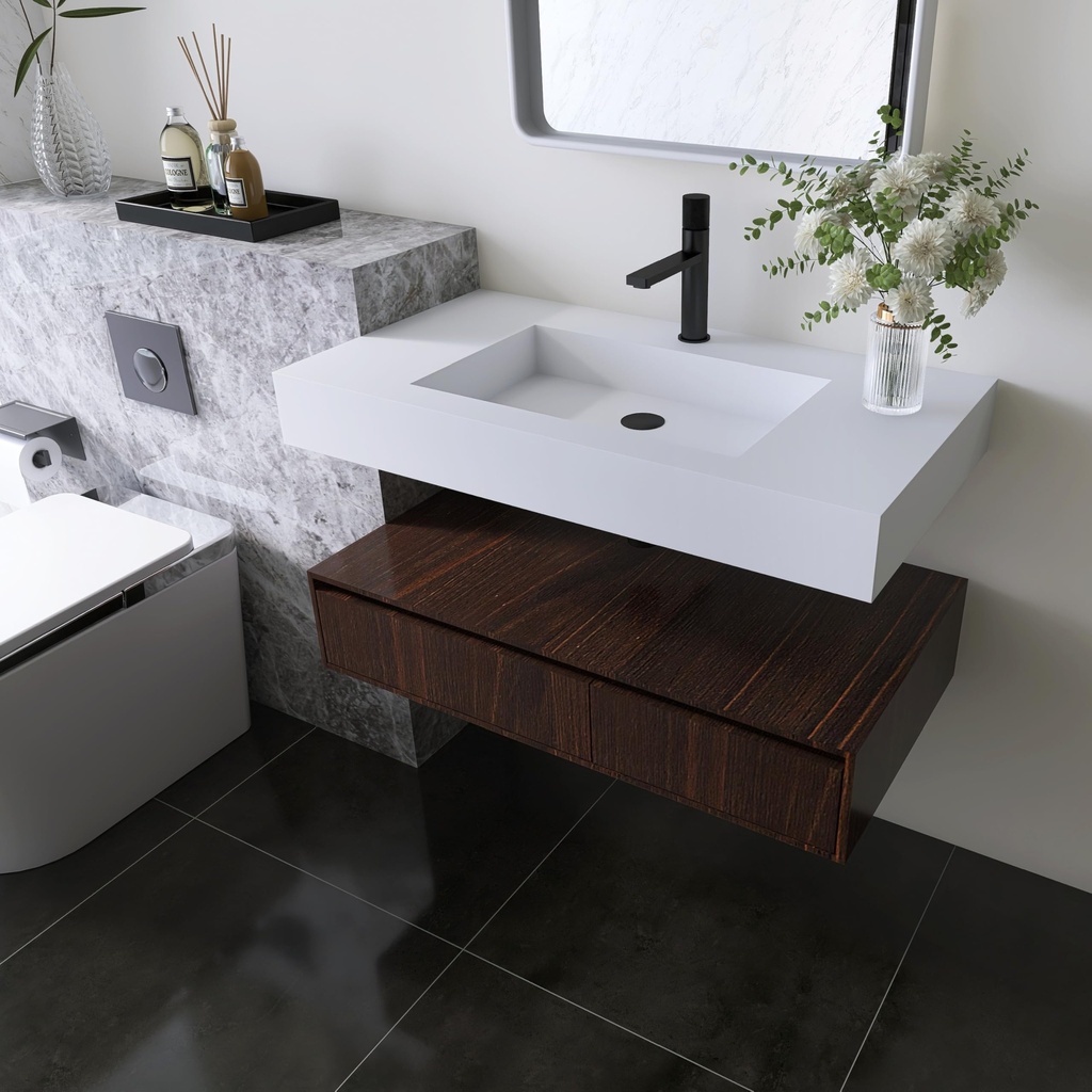 MEDUNJESS 35'' Wall Mount Sink Matte Bathroom Vanity Vessel Sinks Artificial Stone Rectangl