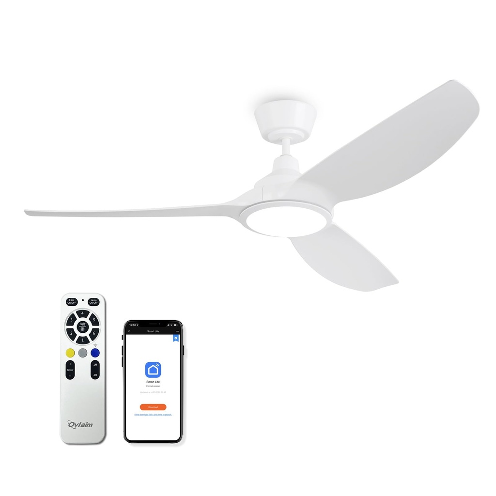 Ovlaim 132cm Smart White Ceiling Fans with Lights and Remote, High Air Flow Quiet DC Motor