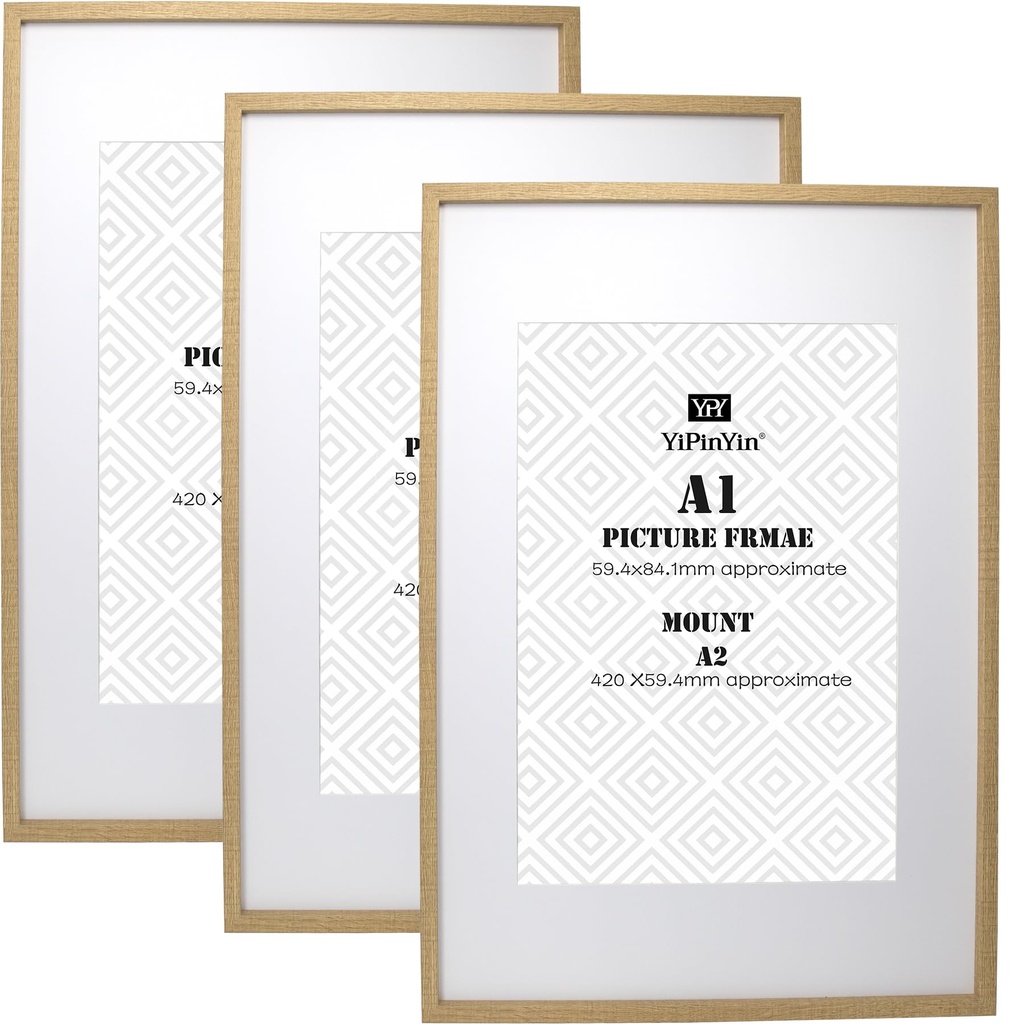 A1 (59.4x84.1cm) Wooden Boxed Picture Frames Set of 3 with A2 (41x58.4cm) Acid Free Mounts,