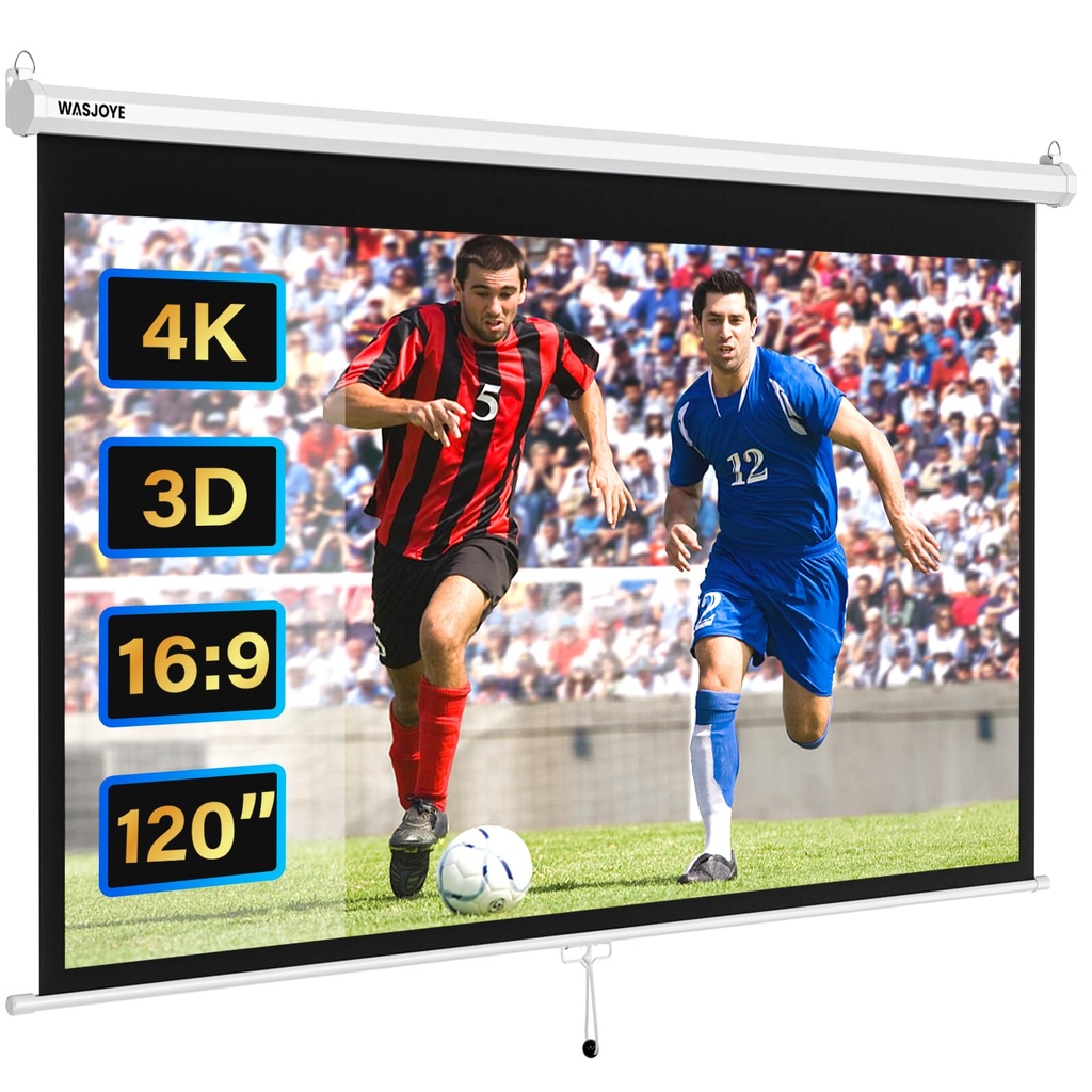WASJOYE Manual Pull-Down Projector Screen - Universal 120-inch Roll-Down Retractable Manual