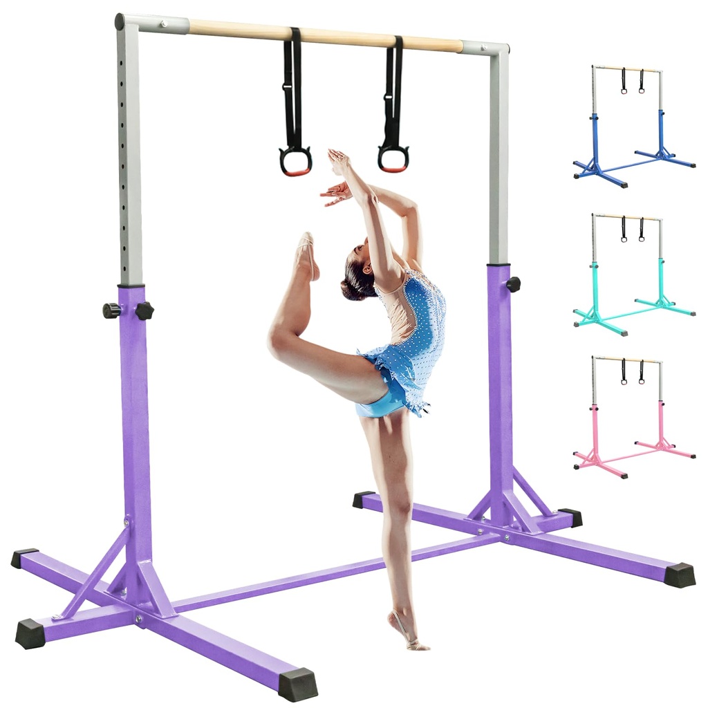 FBSPORT kids Gymnastics Bar Horizontal Bar with Gymnastic Rings,13 Height Adjustable Junior