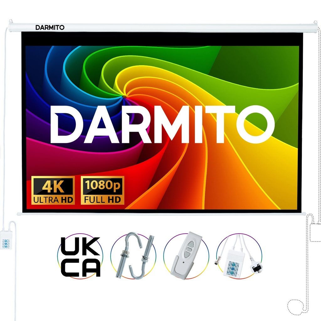 Darmito 100 16:9 Dual-Plug Electric Motorised Projector Screen, Ultra HD 3D 4K 8K Matt Whit