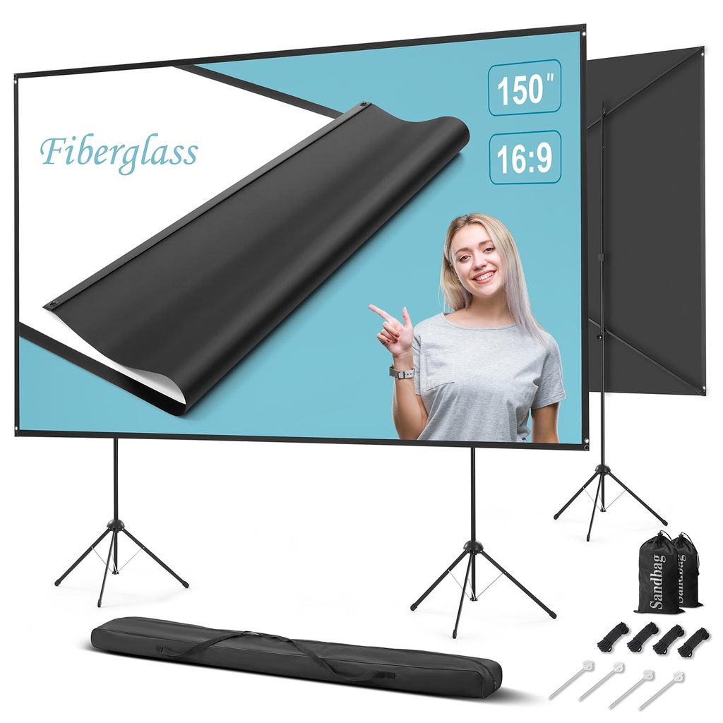 Outdoor Projector Screen and Stand, 150 inch 16:9, Portable Projector Screen, High Gain Fib