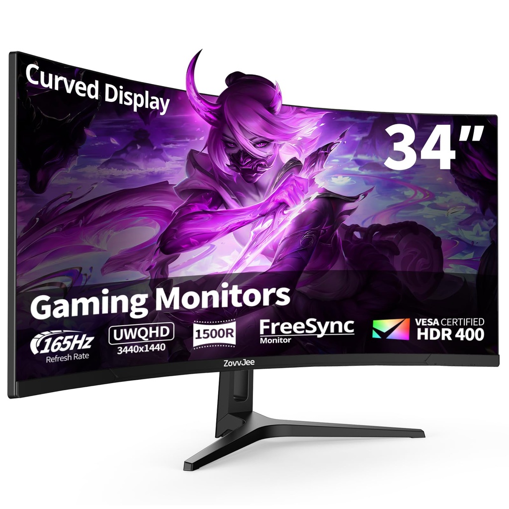 ZovvJee 34 Inch Curved Gaming Monitor 165Hz 4K (3440x1440), 1500R, 1ms MPRT, HDR400, 99% sRG