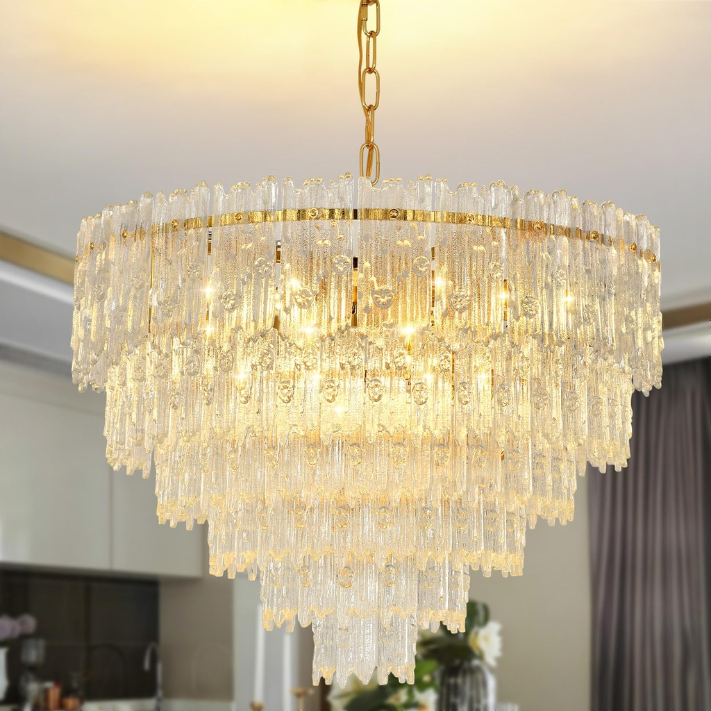KUNYEEE Modern Crystal Chandelier, Round Glass Raindrop Luxury Pendant Light 6-Tiers Ceiling