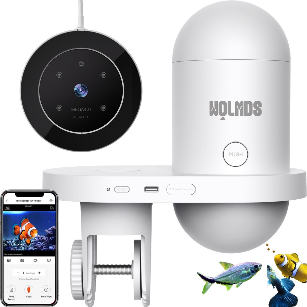 Wolmds WiFi Automatic Fish Feeder with HD Camera, Smart Visual Aquarium Auto Feeder 2.4G/5G