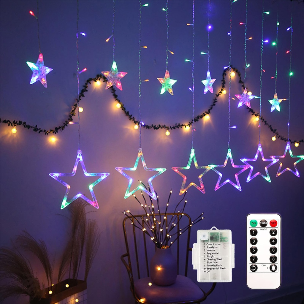 AVEKI Curtain String Lights, 138 LED Fairy Star Window Lights with 8 Modes Remote Control A