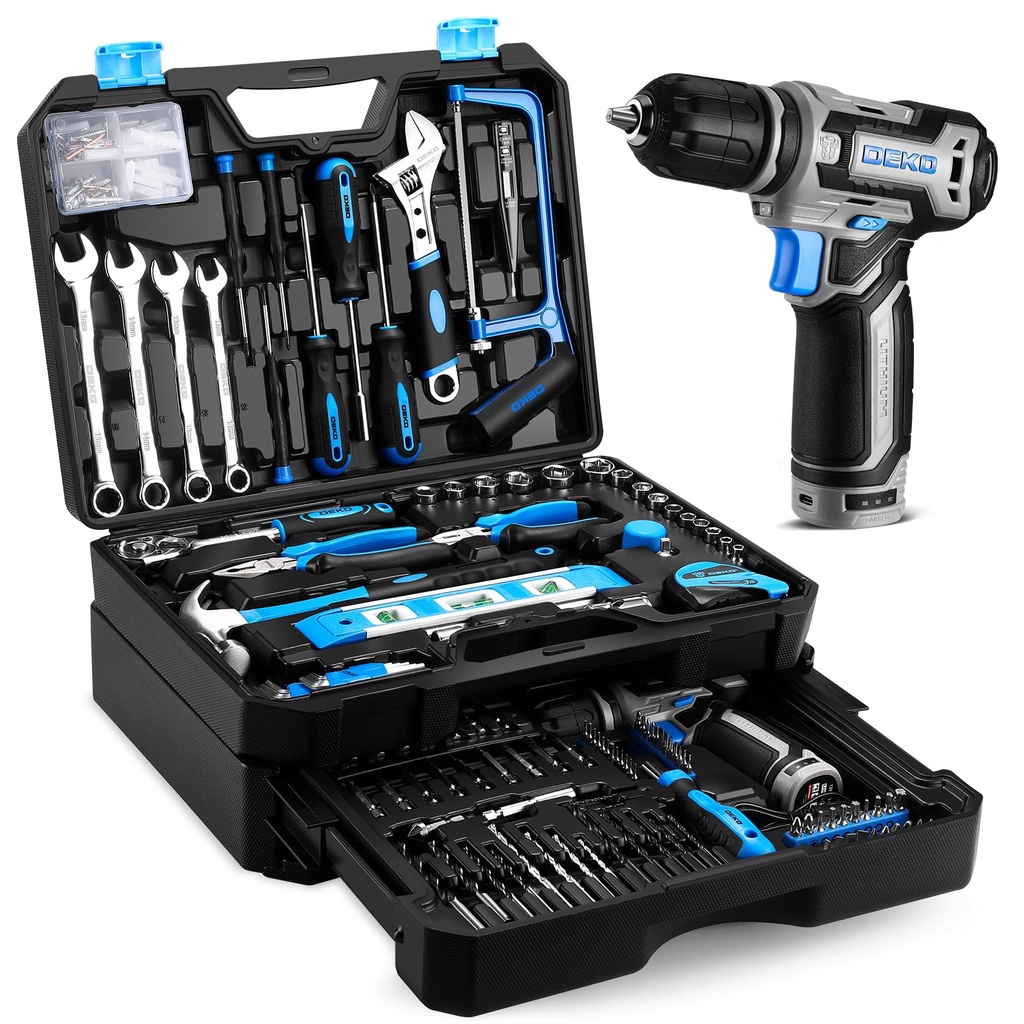 Tool Kit Box Drill Set DEKO 238 Pieces Home Mechanic Toolbox with 12V Power Cordless Drill