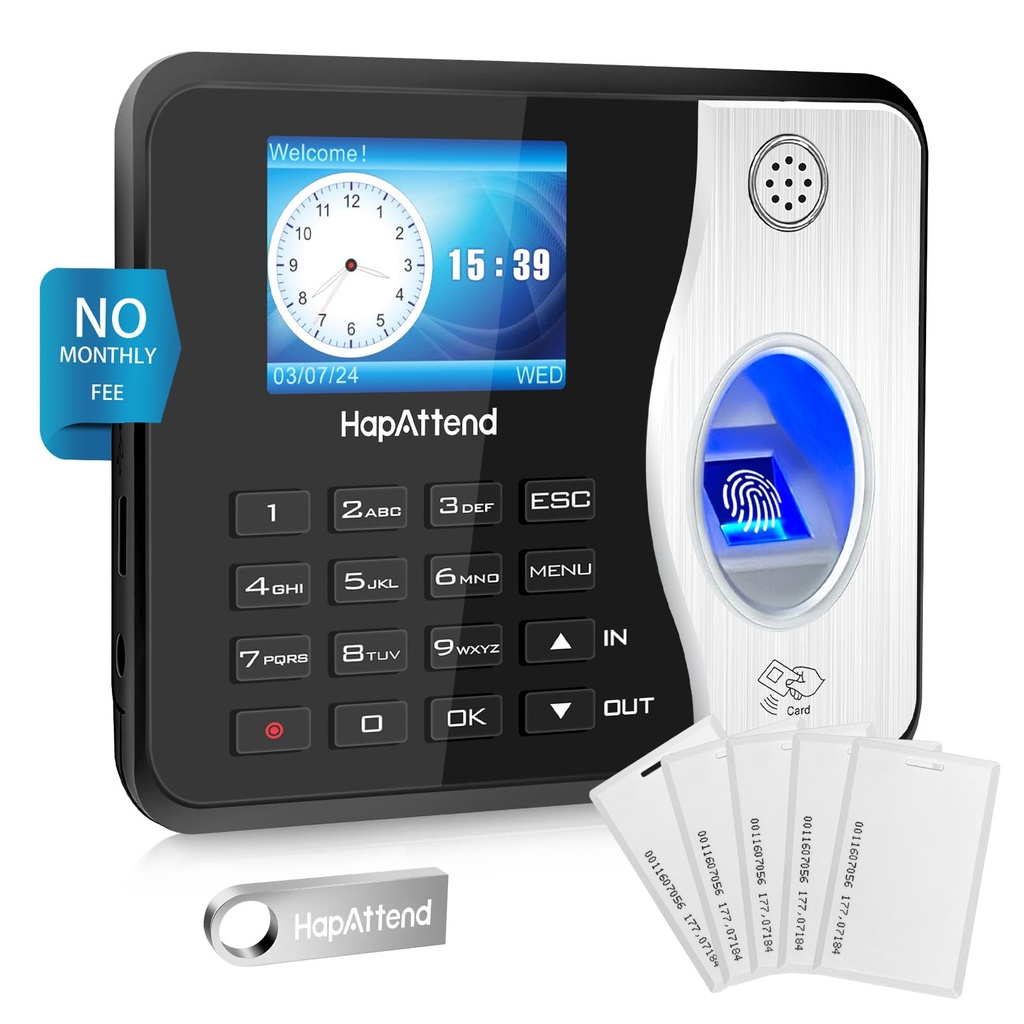 HapAttend Clocking in Machine - Standalone Card Scanner Attendance Machine with 5 RFID Cards