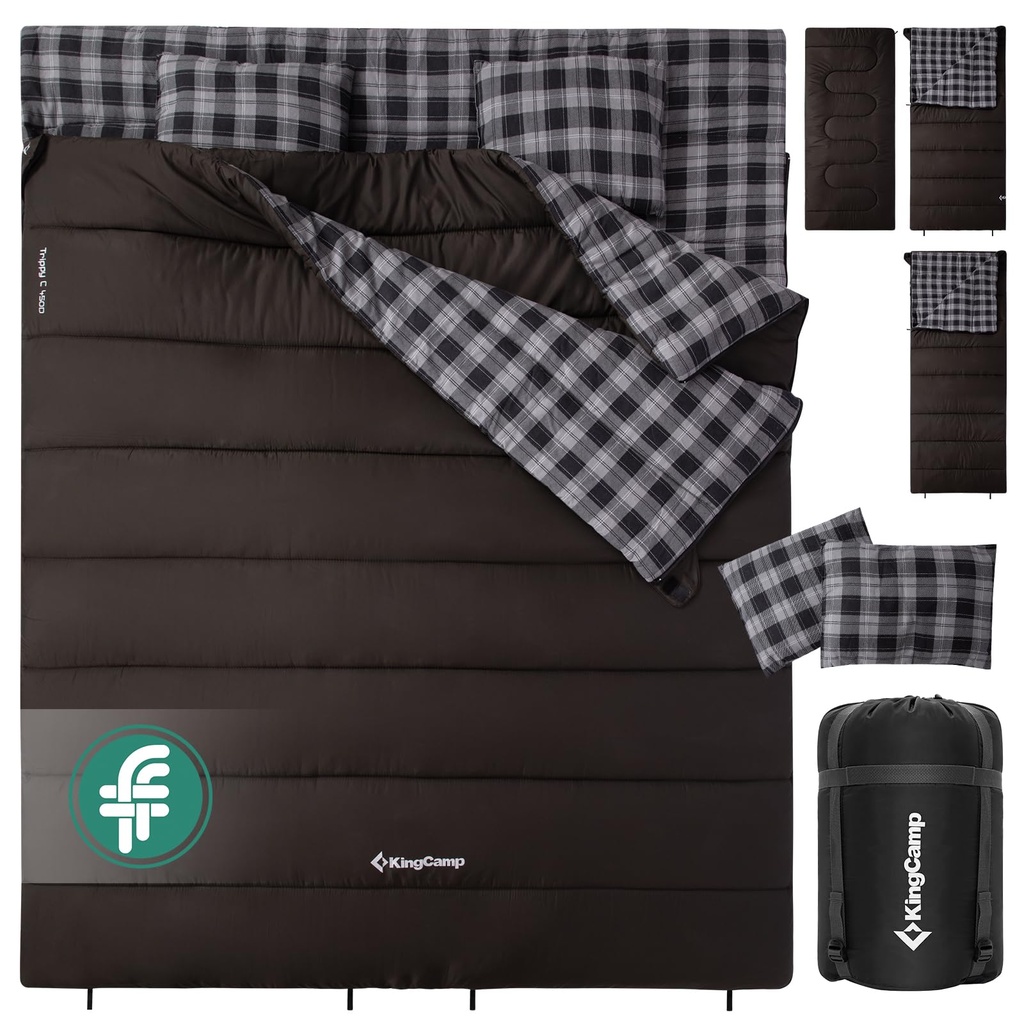 KingCamp Double Sleeping Bag 100% Cotton Flannel Lining 220 168 CM, Sleeping Bag 
