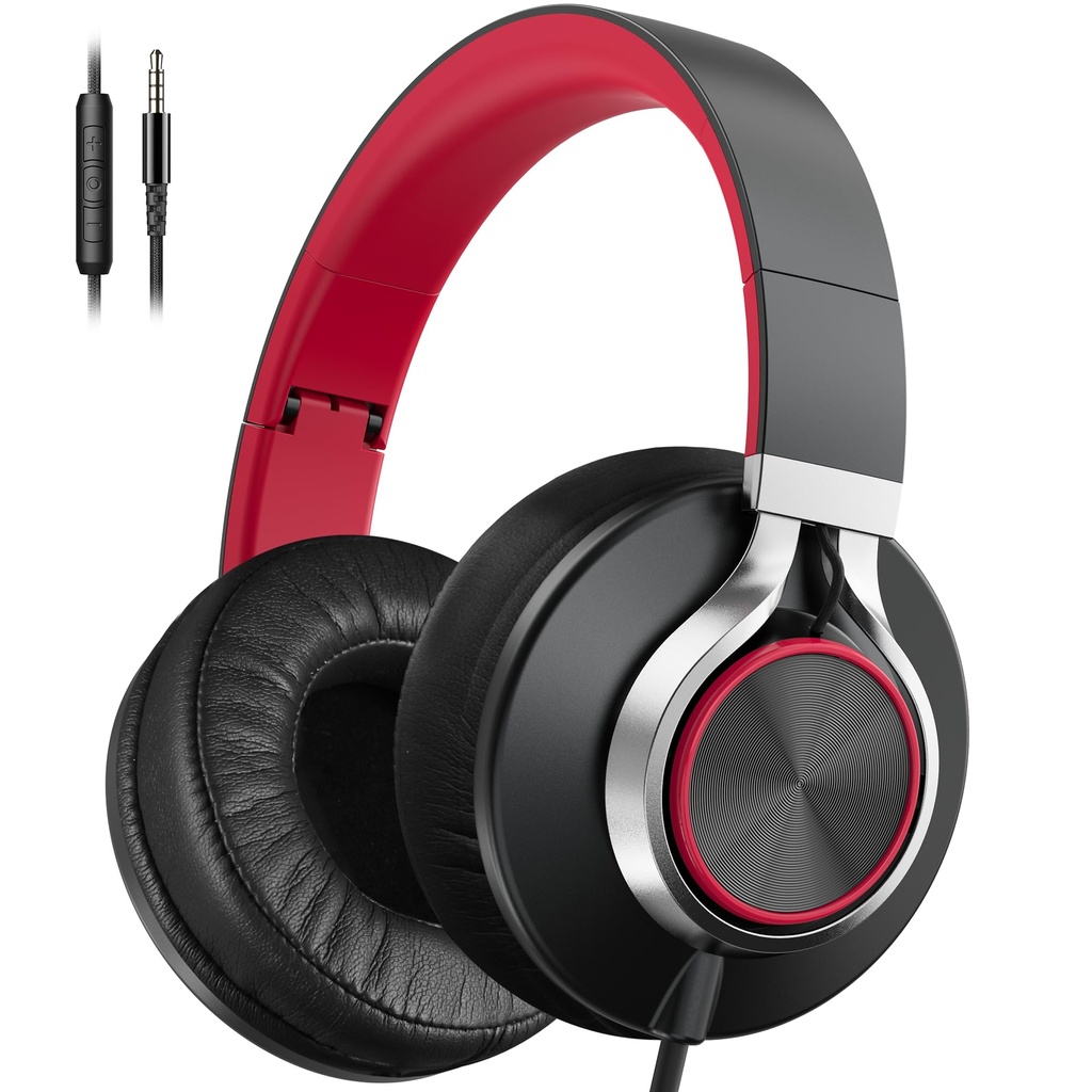 Ailihen Wired Headphones with Microphone and Volume Control, Over-Ear Foldable Corded Stere