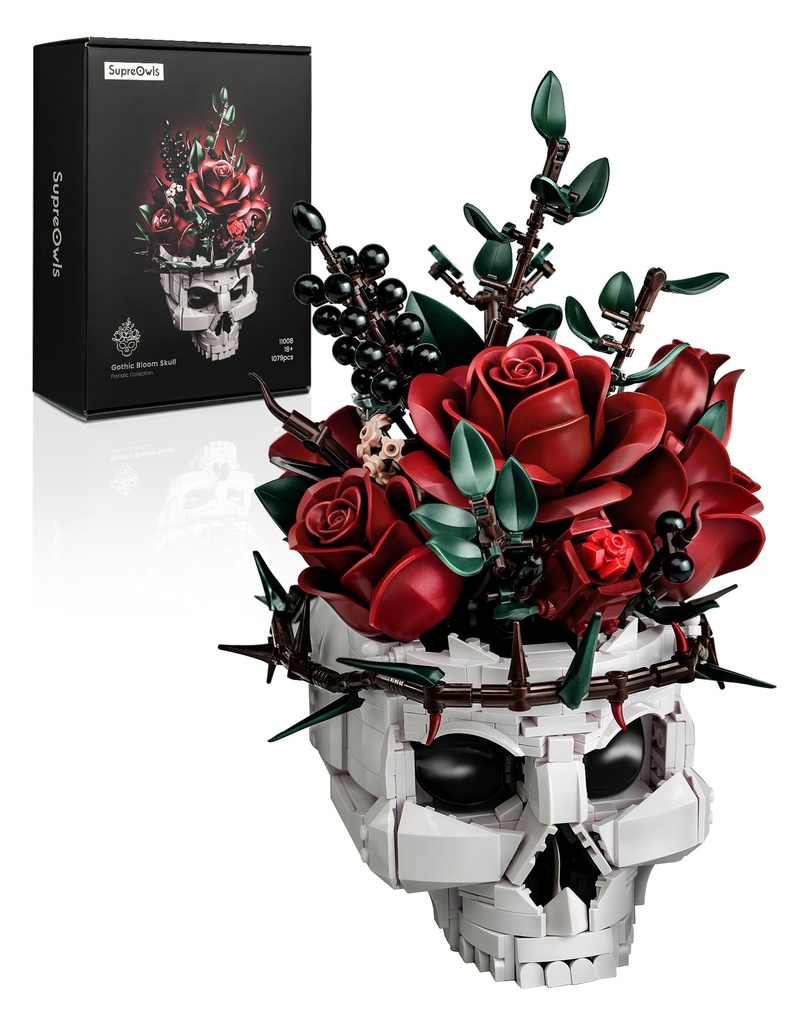 Millionspring Red Rose Bouquet Building Set with Skull Vase Red Artificial Roses Gifts for