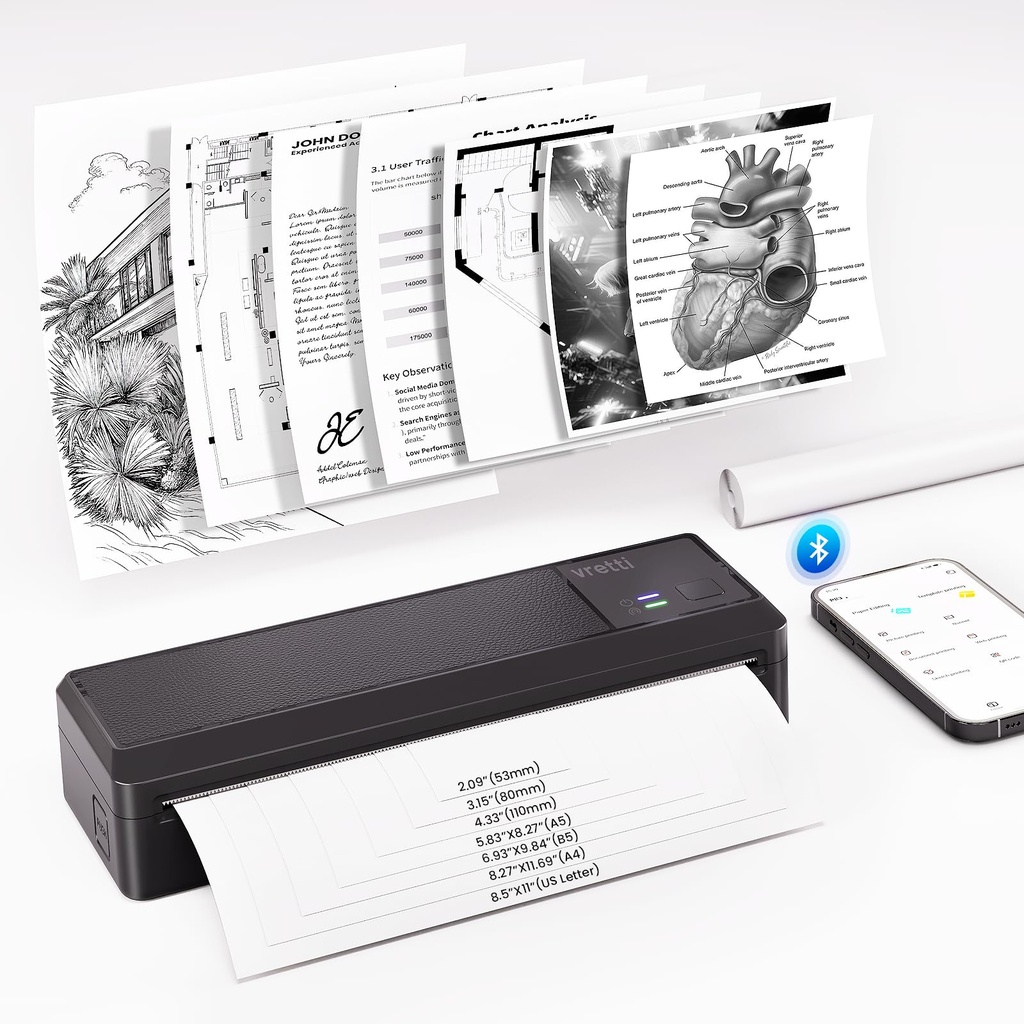 vretti Portable Printer Wrieless, P83 Inkless Printer,Portable Machine Supports A4 Thermal L