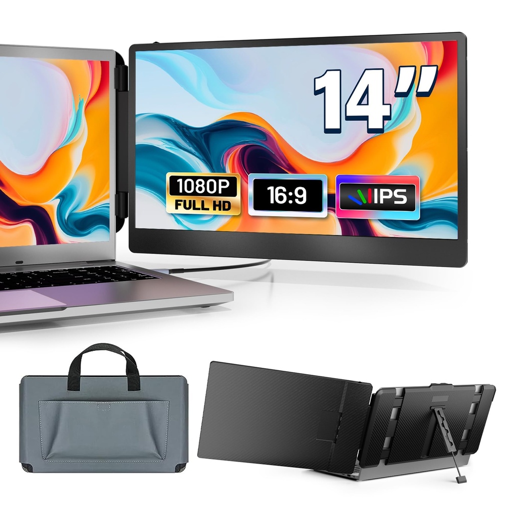 domyfan 14" Laptop Monitor, FHD 1080P IPS Dual Laptop Screen, HDMI/USB-A/Type-C Plug and Pla