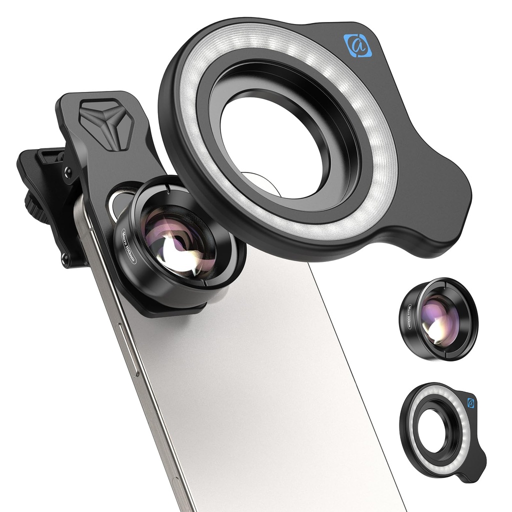APEXEL HB100-HD Mobile Macro Lens, F1.8 with 45 Fill Light Modes, 10X Mobile Phone Lens 