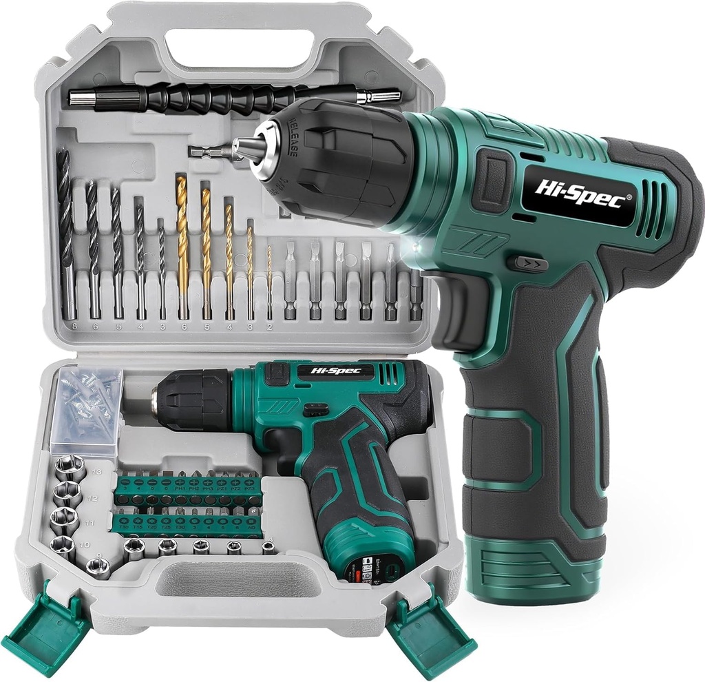 Hi-Spec 8V Green Electric Cordless Power Drill Driver, Power Screwdriver Bits, Wood, Metal
