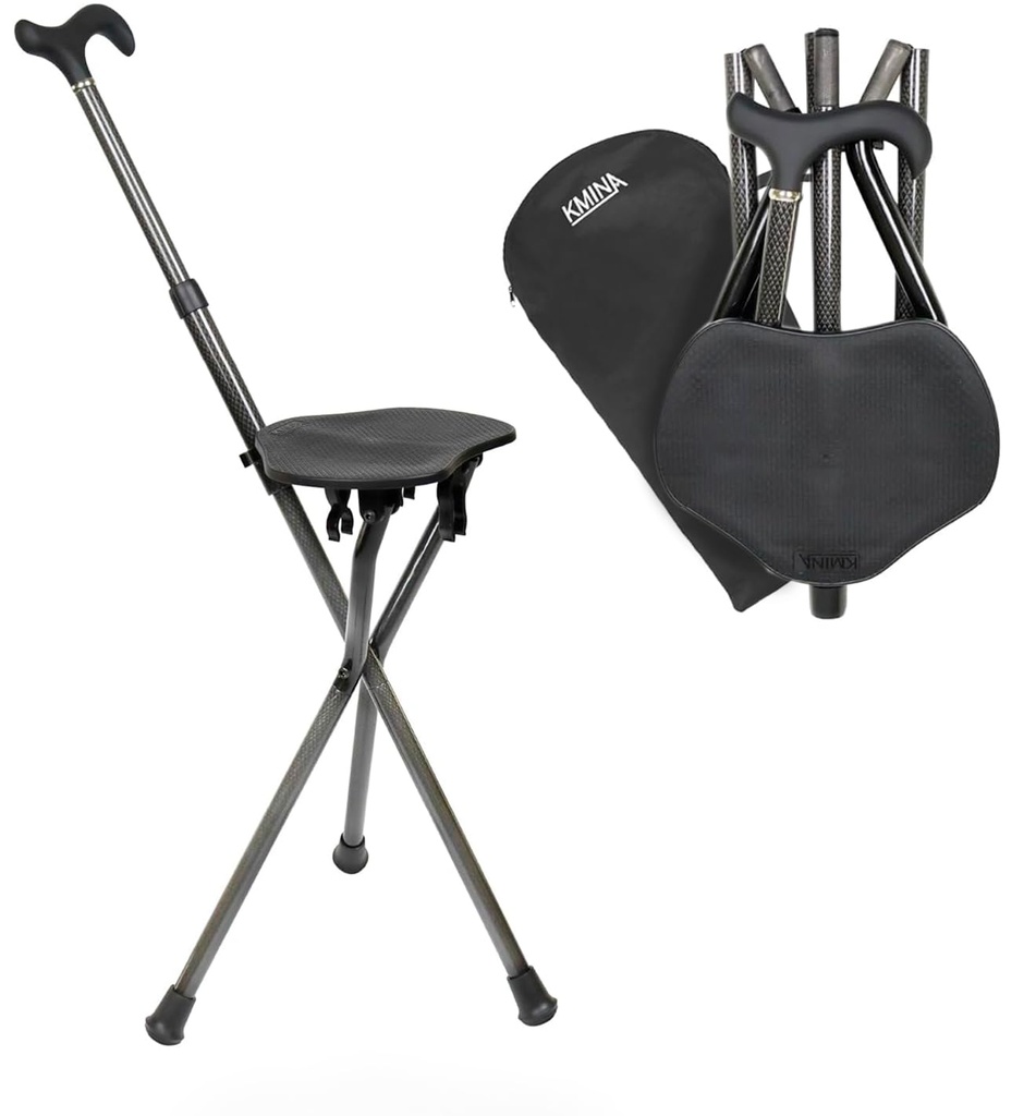 KMINA Walking Stick with Seat (Carbon Fibre), Height Adjustable, Heavy Duty, Folding Lightweight