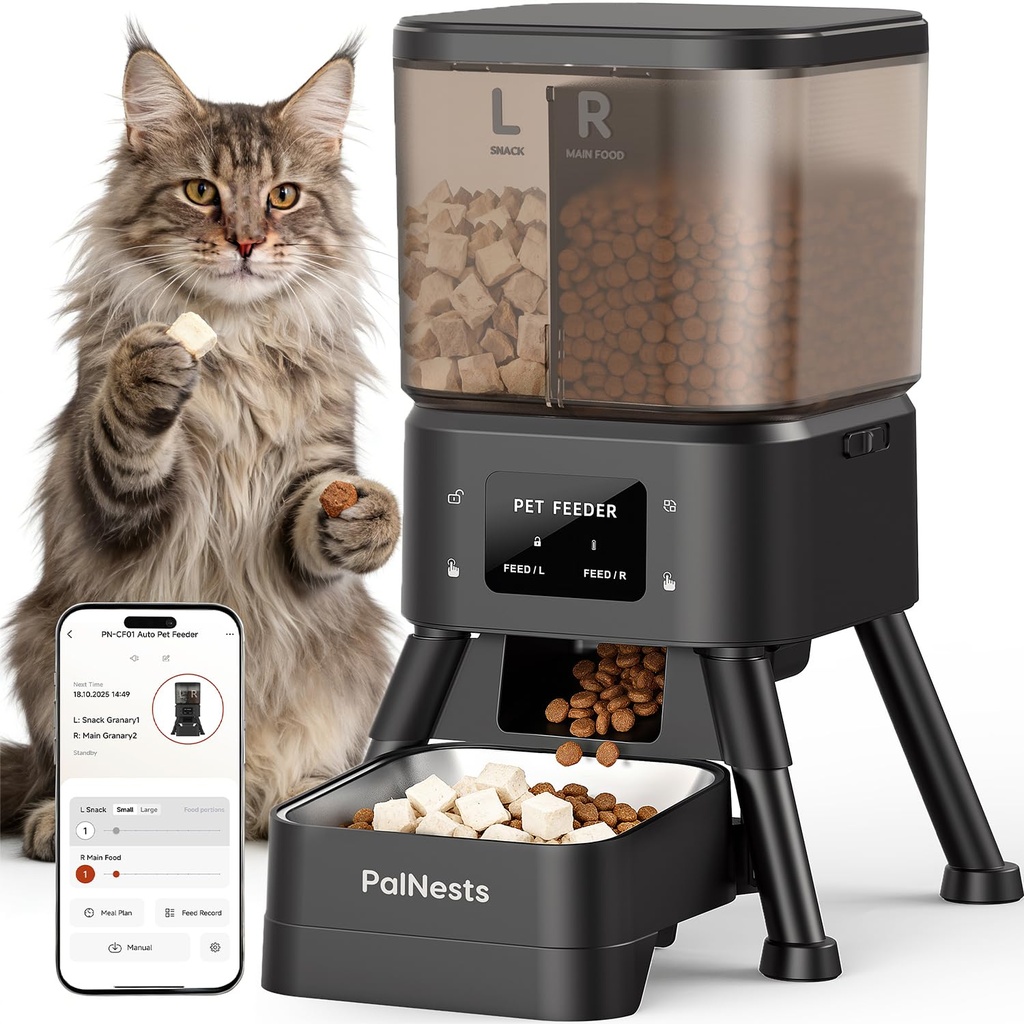 Automatic Cat Feeder, PalNests 4L Dual Hopper Auto Dispenser with Customized Feeding Schedule