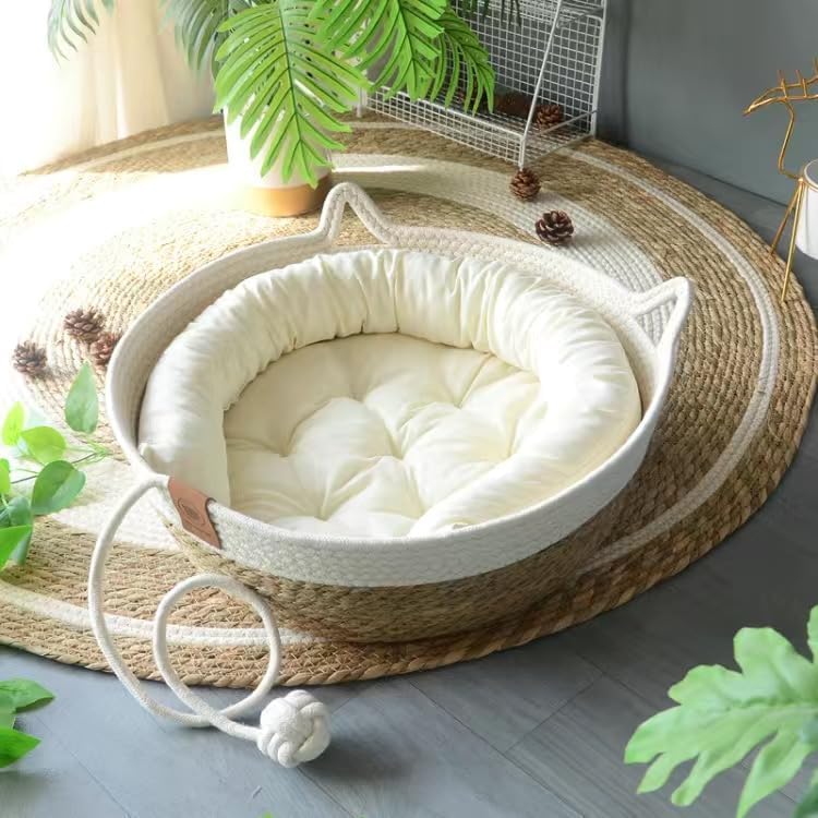 Rukuapid Cat Basket Bed with Cotton Cushion and Pillow, Wicker Kitten Basket with Toy Ball,