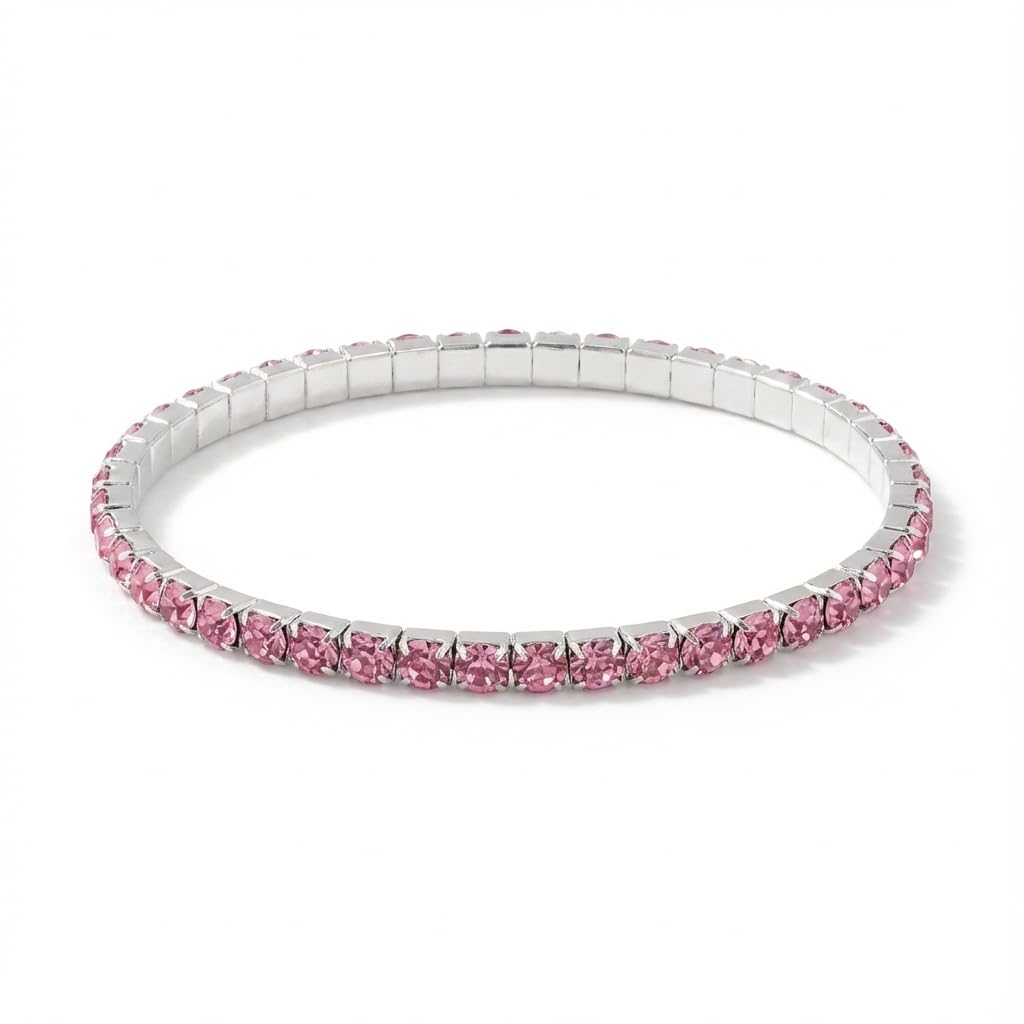 Silver-Tone Pink Rhinestone Tennis Bracelet, Sparkly Stretch Bracelet, Slim Fashion Costume