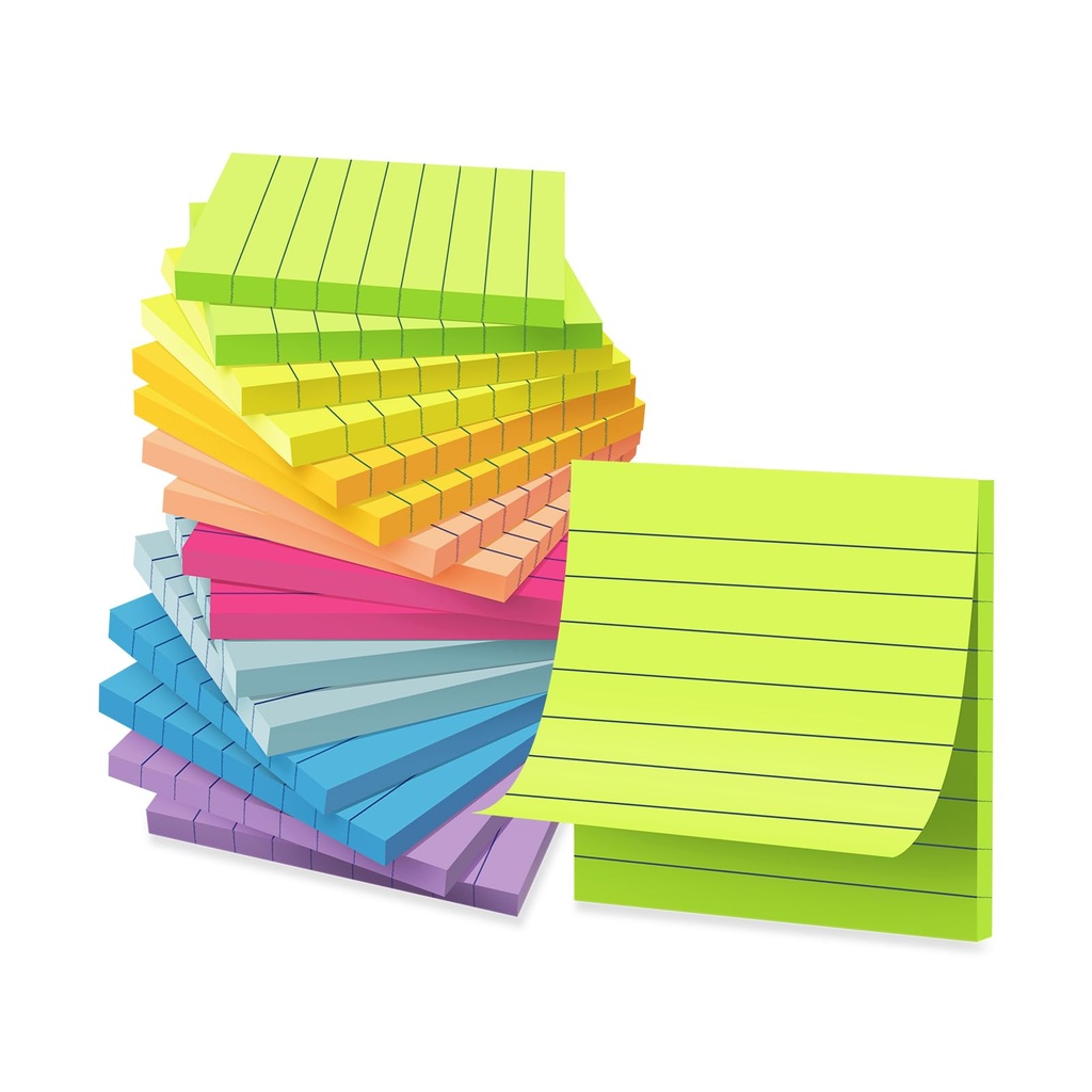 Wowivy (16 Pack) Lined Sticky Notes 3x3 in, 8 Bright Colors Ruled Stickies Colorful Super 