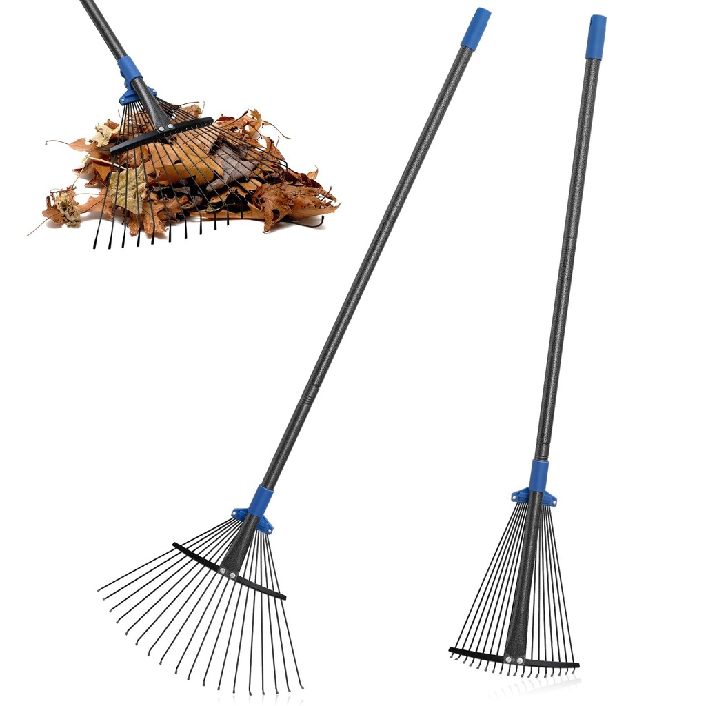 Harrms Garden Leaf Rakes, 18-tine Metal Rake with Adjustable Head 25-45cm, Lawn Rake with E