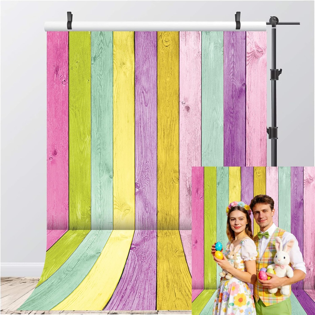 XCKALI Colorful Wooden Texture Backdrop Rainbow Colored Wooden Easter Photography Backgroun