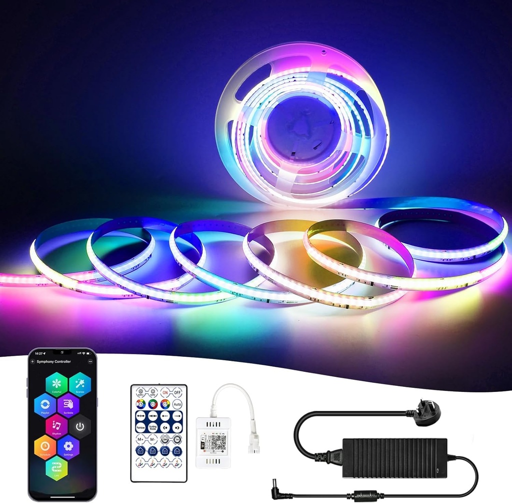 Smart RGBIC COB LED Strip 10M, Colour Changing LED Tape Lights,DC24V, 10mm Width, Multicoloured