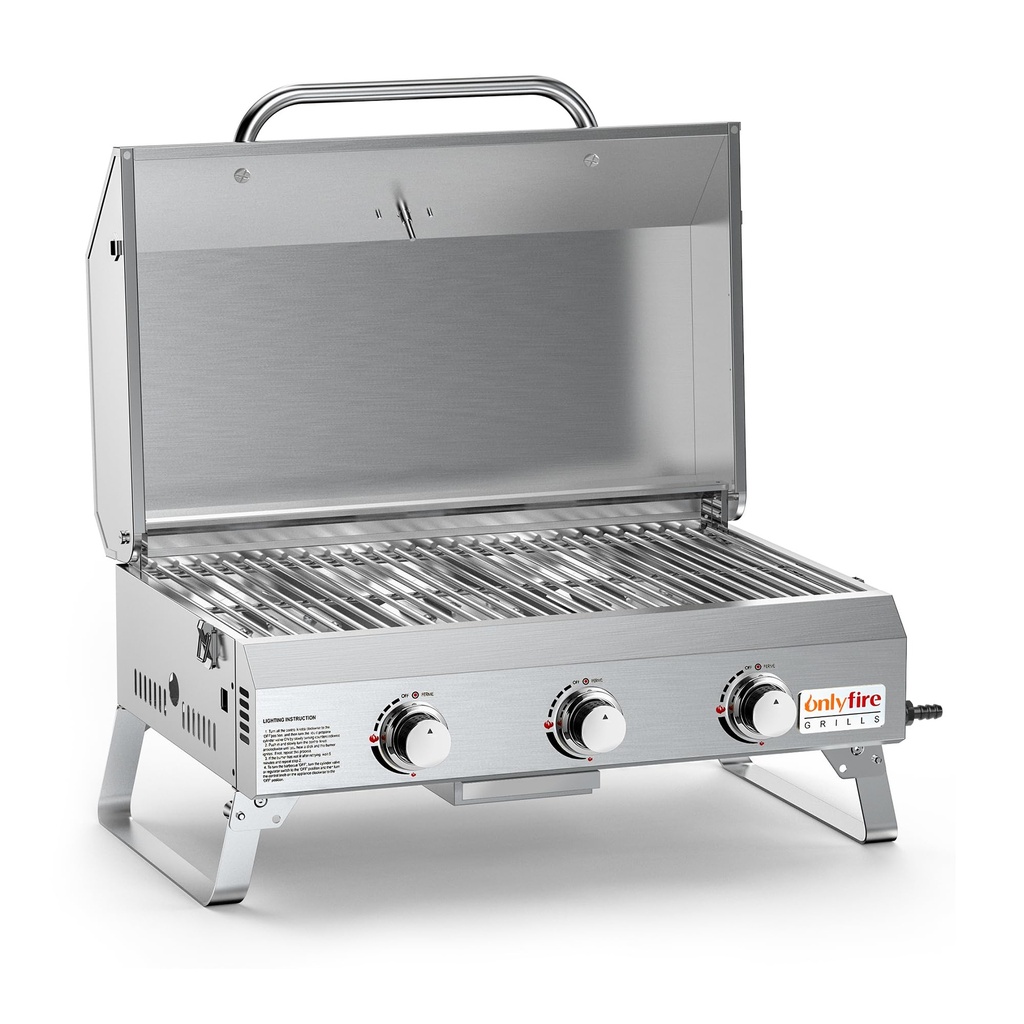 Onlyfire Table Top Gas BBQ, 3 Burner Portable Gas Barbecue Grill 7KW Power with 22" Cooking