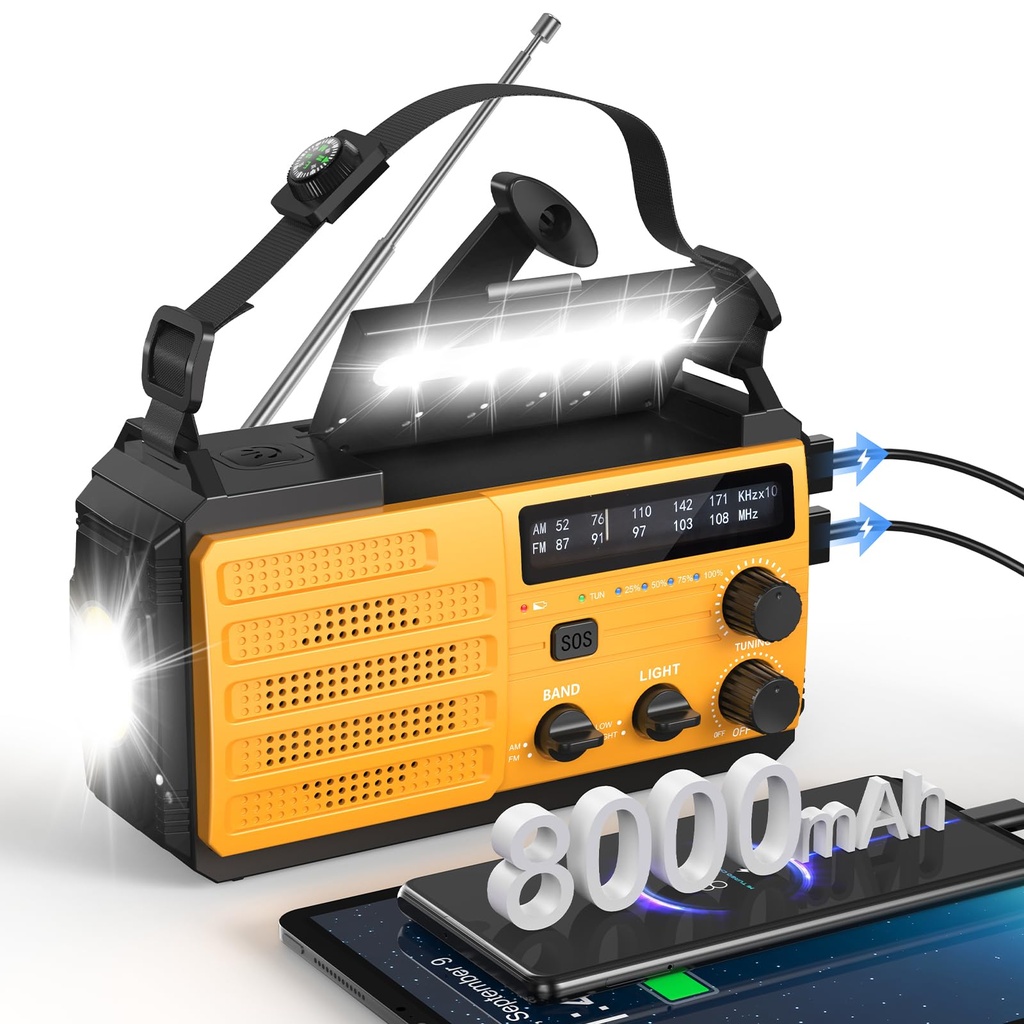 8000mAh Emergency Wind Up Radio, Hand Crank Solar, AM/FM Radio with 3-Mode Flashlight